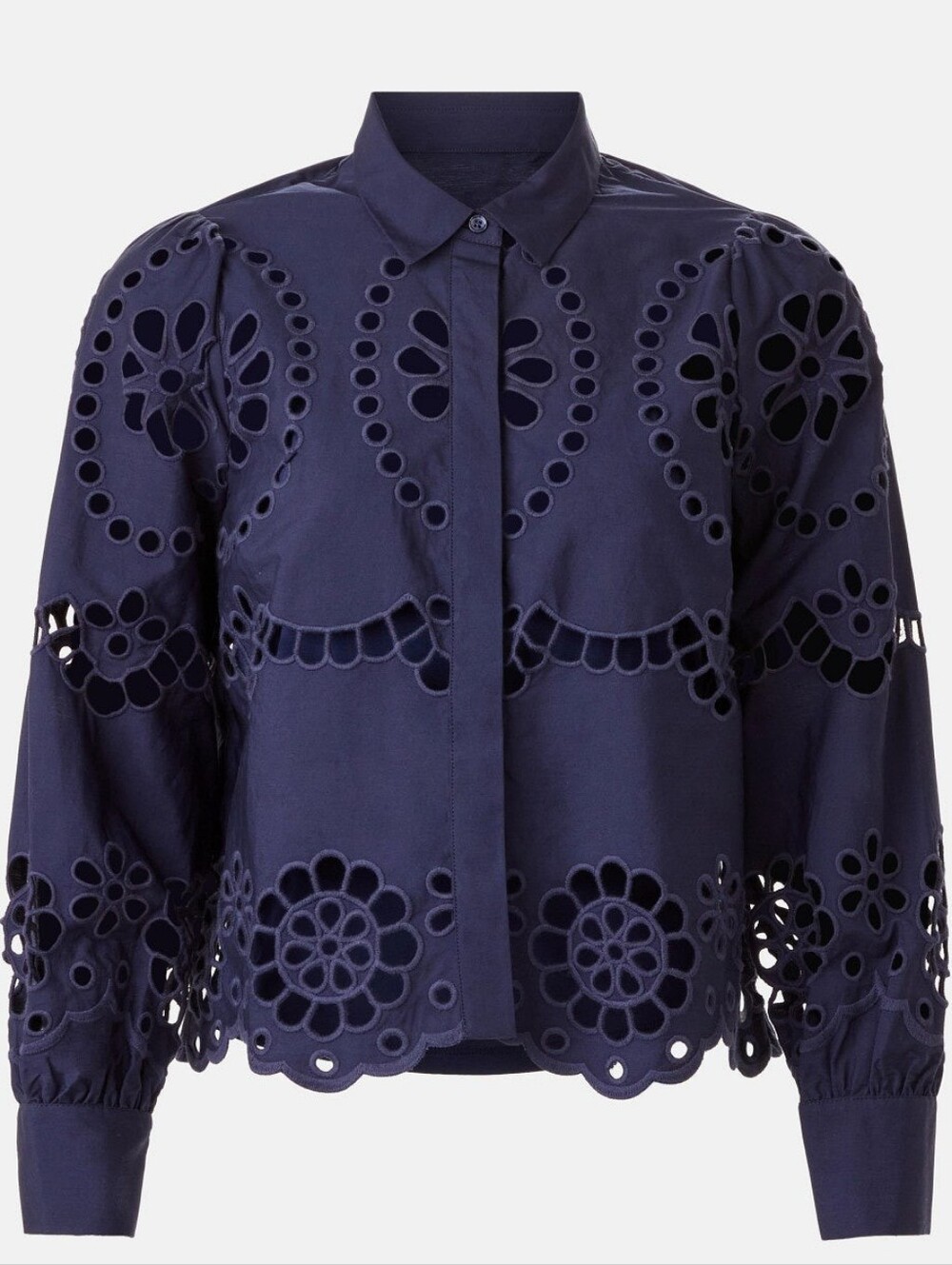 Caballero Emmie Eyelet Top Collared Long Sleeve Front Button Size M